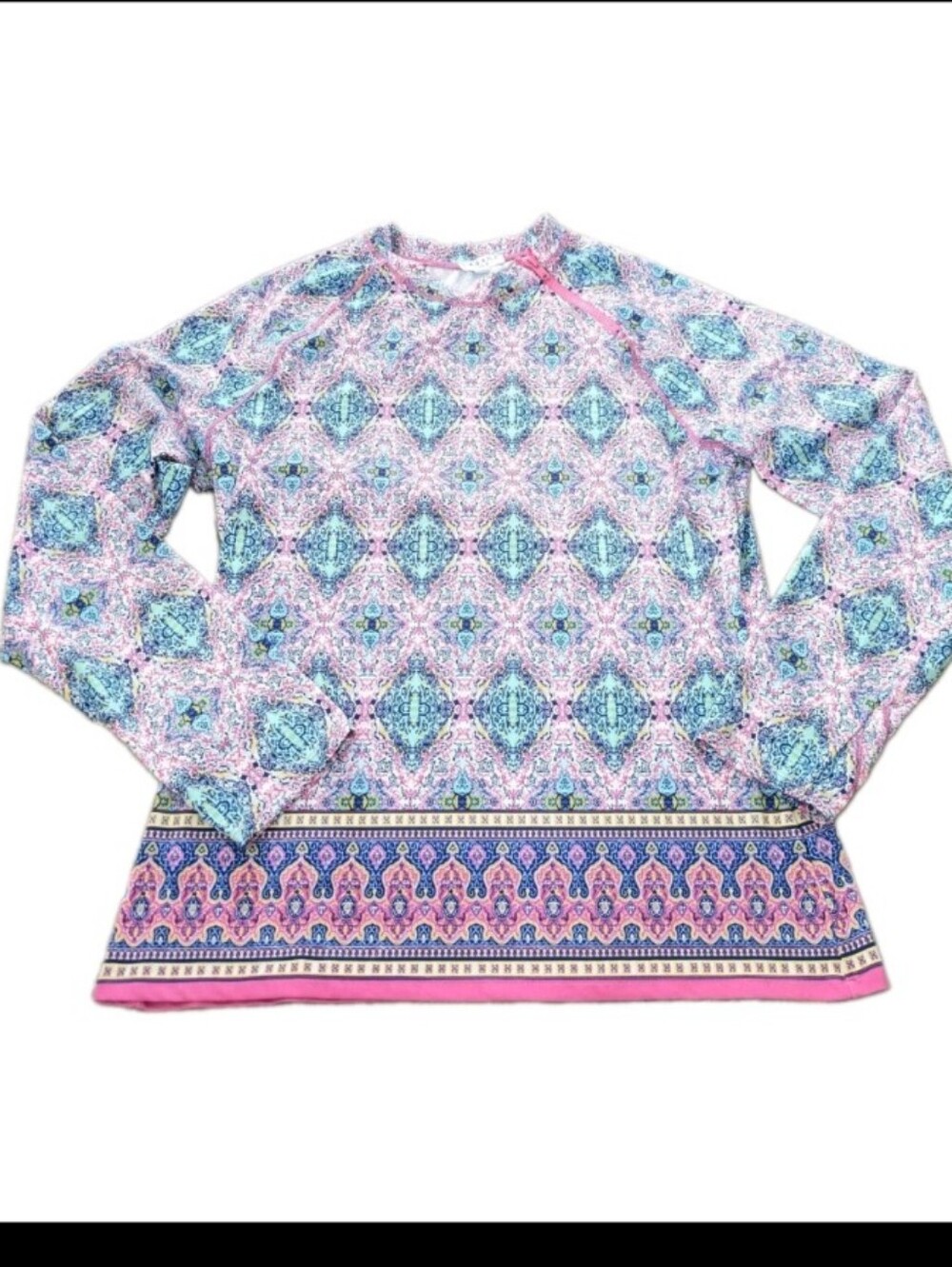 Cabana Life Pink and Blue Mosaic-Print Long Sleeve Rash Guard